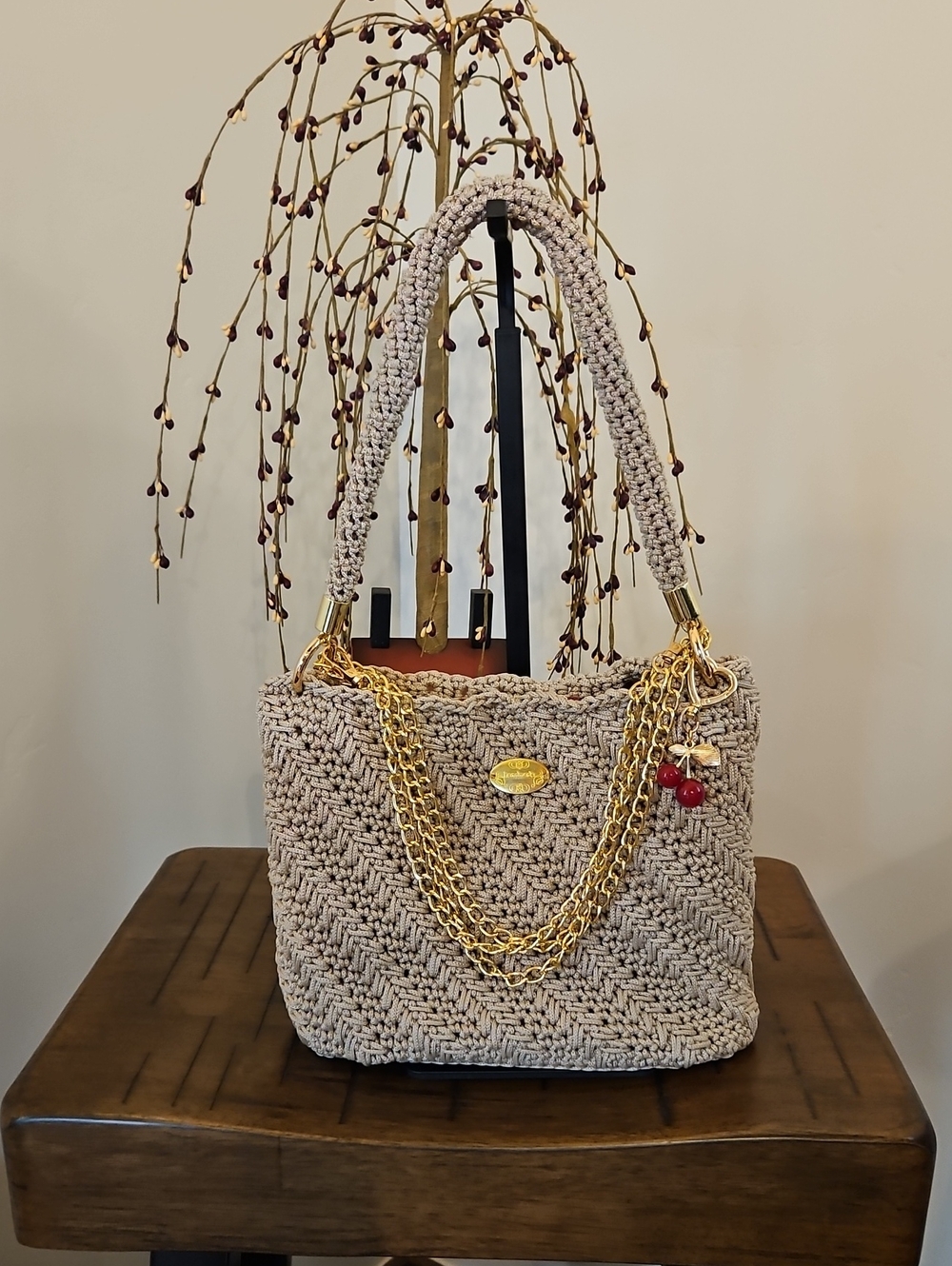Beige Hand Crocheted Shoulder Bag with Gold Chain Accent